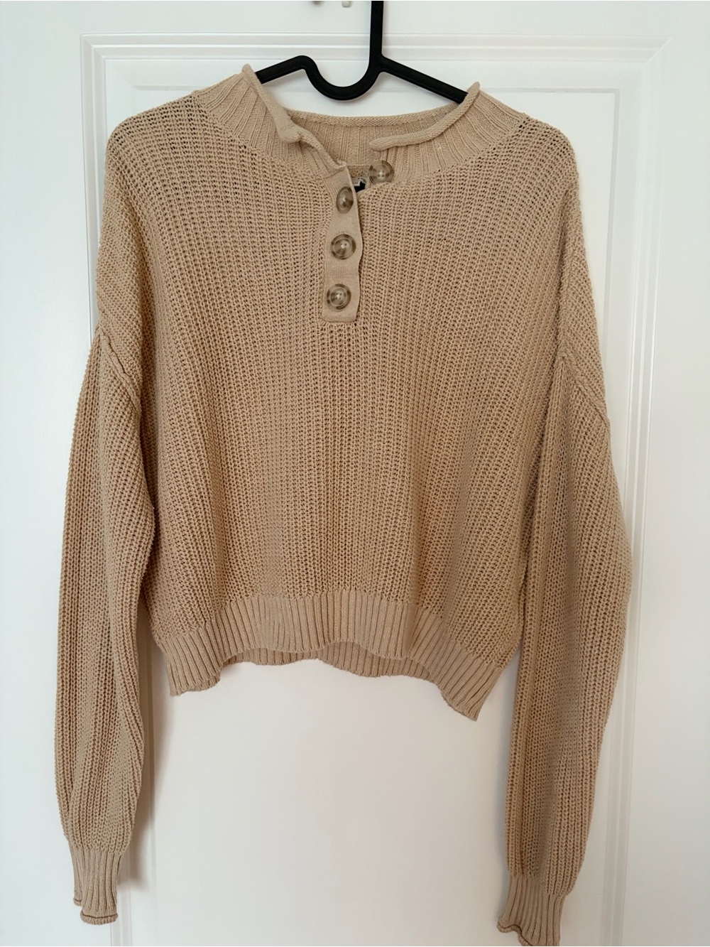 American Eagle Outfitters Beige Button-Neck Knit Sweater